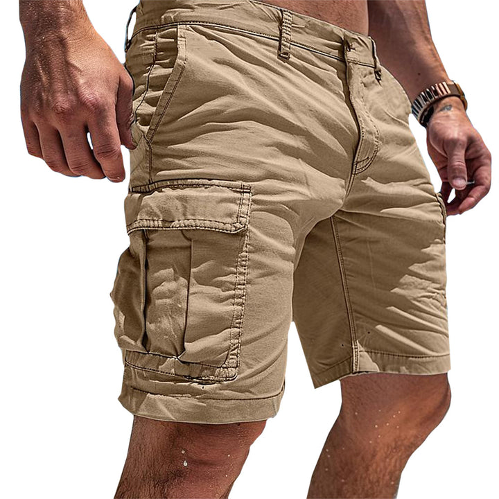 Men's Cargo Shorts in khaki with a large flap pocket on the thigh, belt loops and a button waist, side view.