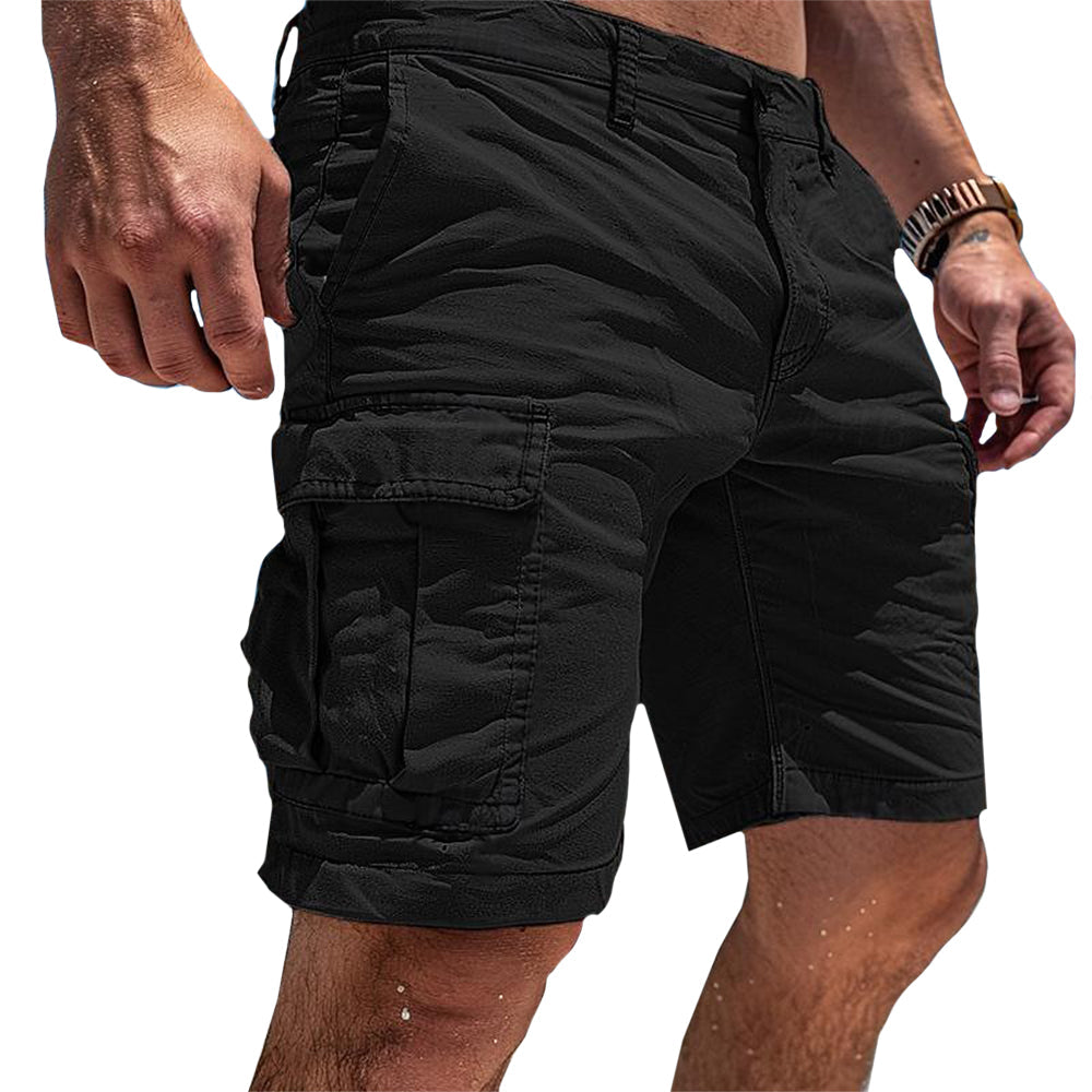 Men's Cargo Shorts in black with a large flap pocket on the thigh and belt loops, shown from the side.