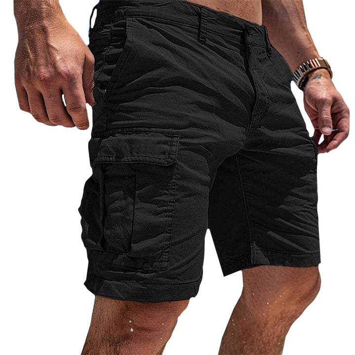 Men's Cargo Shorts in black with a large flap pocket on the thigh and belt loops, shown from the side.