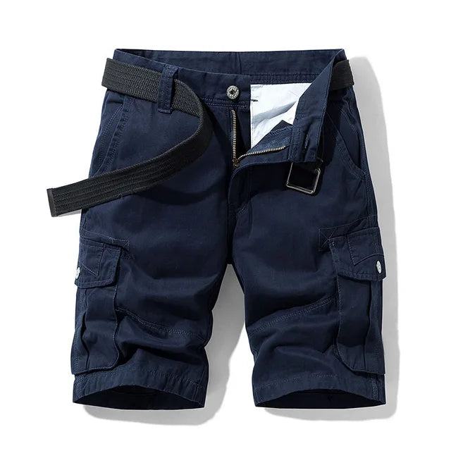 Navy blue cargo shorts with a black woven belt, unzipped fly and button-flap thigh pockets.