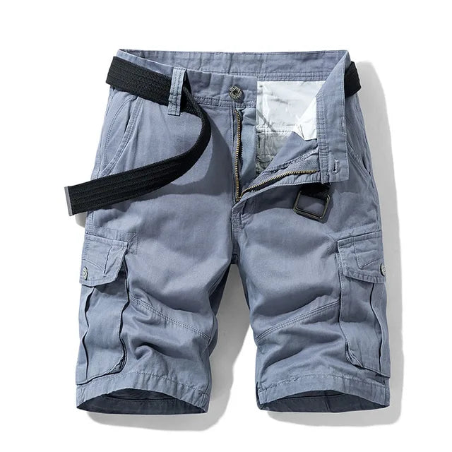 Light slate blue cargo shorts with a black woven belt and flap cargo pockets on each leg.