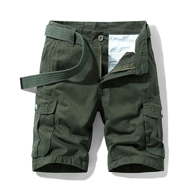 Olive green cargo shorts with a matching woven belt, open zip fly and button-flap side pockets.