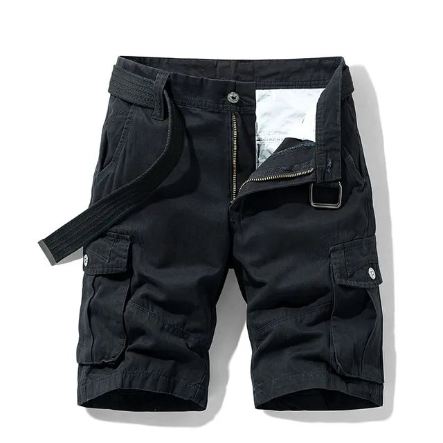 Black cargo shorts with a woven belt, open zip fly and flap pockets on both thighs.