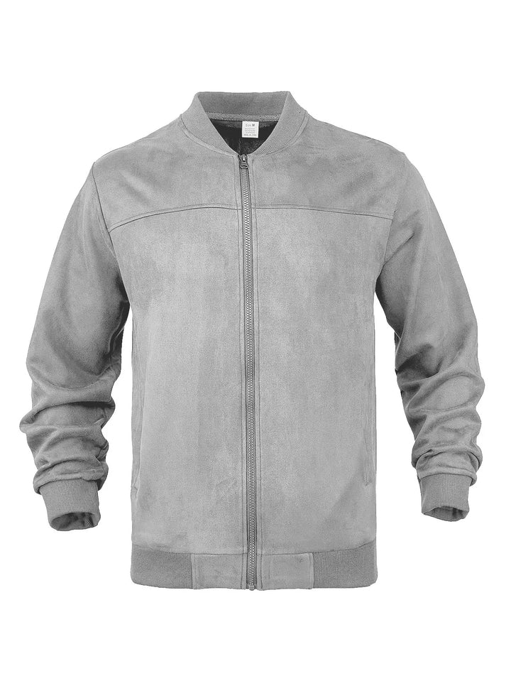 Light gray zip-up jacket laid flat, front view showing zipper and ribbed trim 35