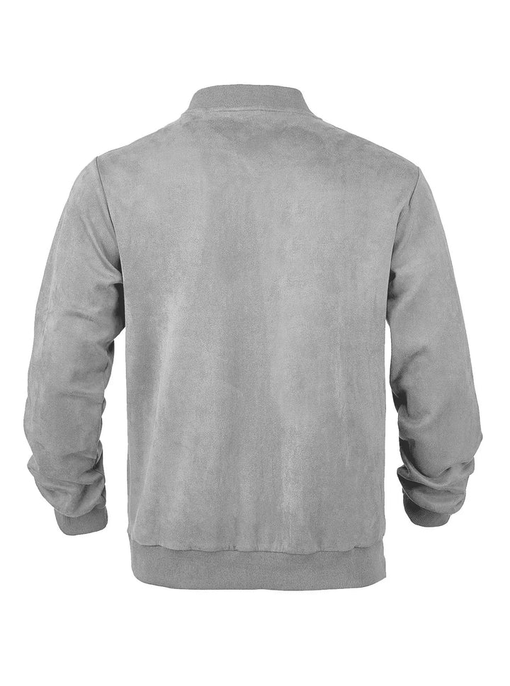 Back view of the light gray jacket laid flat, with ribbed collar, cuffs and hem 36