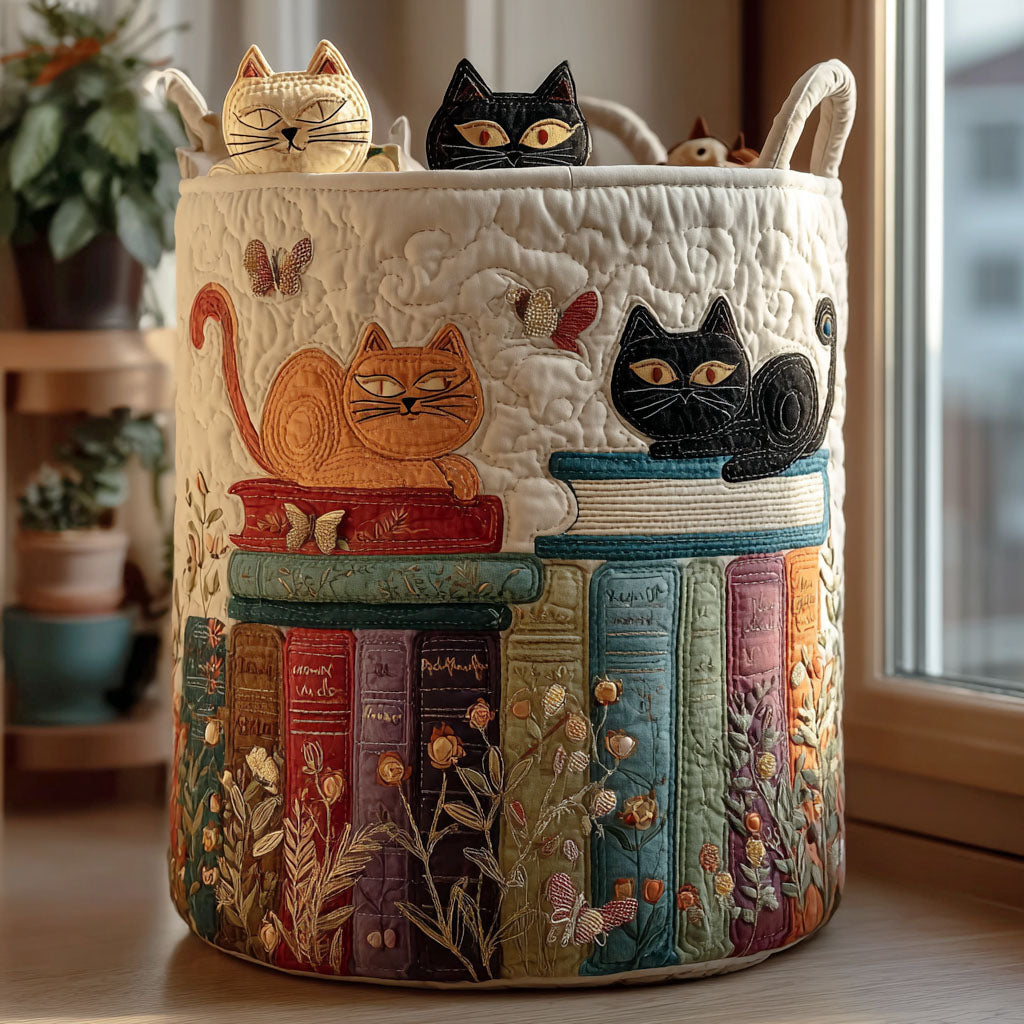 Round beige quilted basket with an embroidered cat parade pattern and reinforced handles.