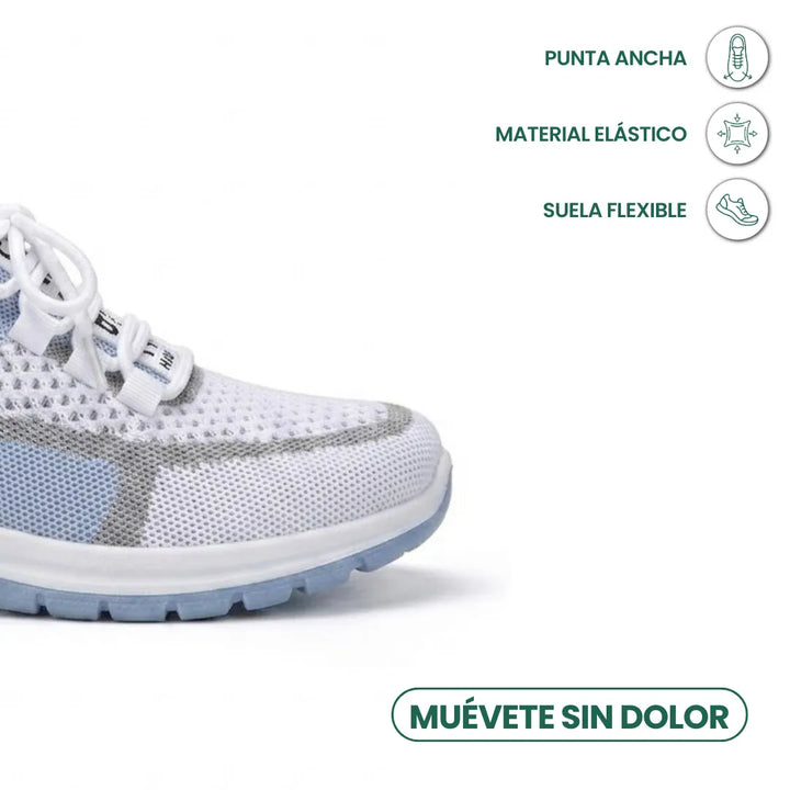 Close-up of the toe box of the light blue sneaker, with icons highlighting a wide toe, stretchy material and flexible sole. 5
