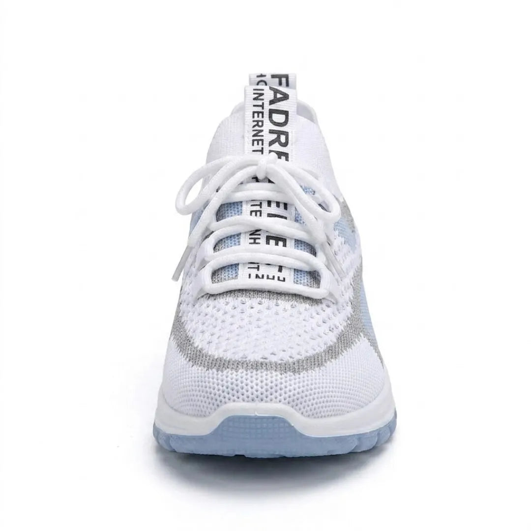 Front view of the white and light blue knit sneaker with a rounded toe box, white laces and a pull tab at the tongue.