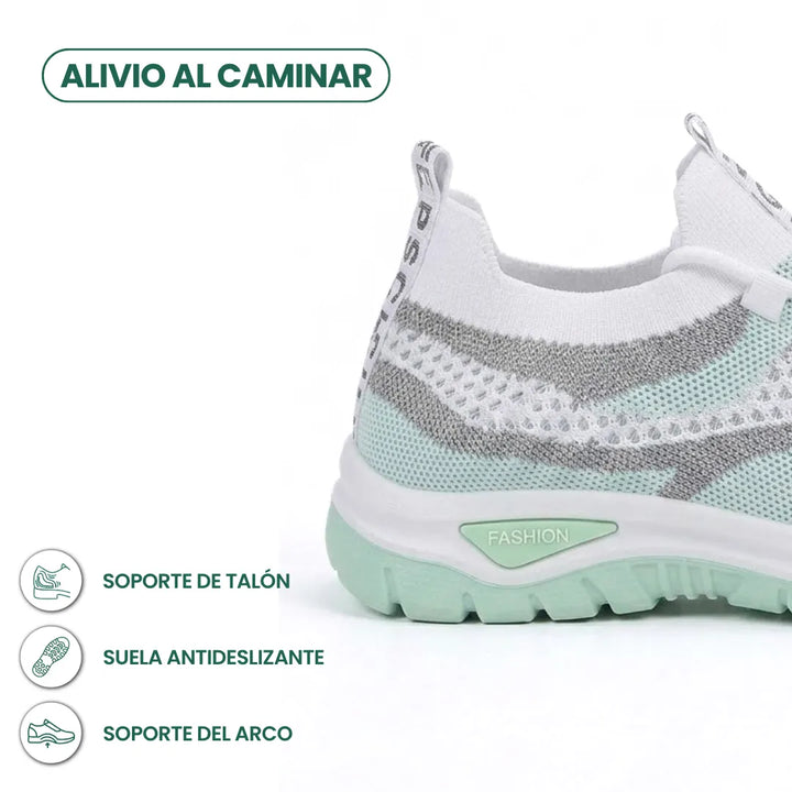 Close-up of the heel of the mint green sneaker, with icons highlighting heel support, a non-slip sole and arch support. 13
