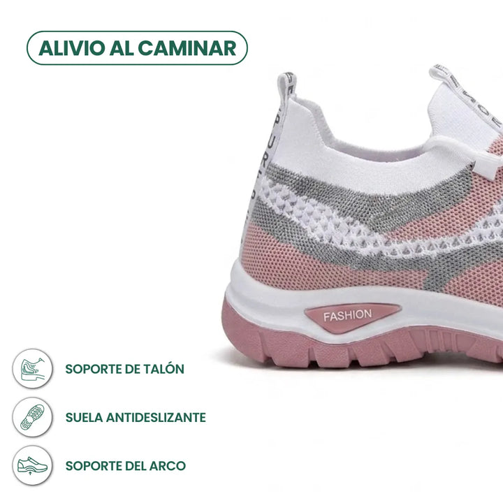 Close-up of the heel and rear of a pink, white and gray knit mesh sneaker with a thick chunky sole, beside feature icons. 22