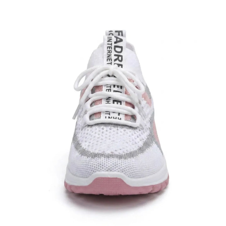 Front view of a white knit mesh sneaker with white laces, gray and pink accents, and a pink sole. 26