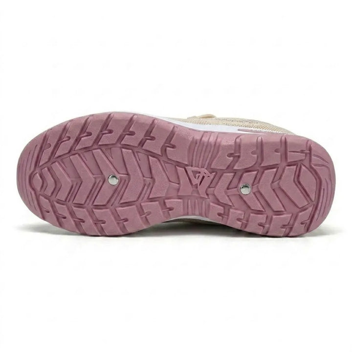 Bottom view of a sneaker showing the pink rubber outsole with deep chevron-pattern treads, a white midsole edge and beige mesh upper. 36