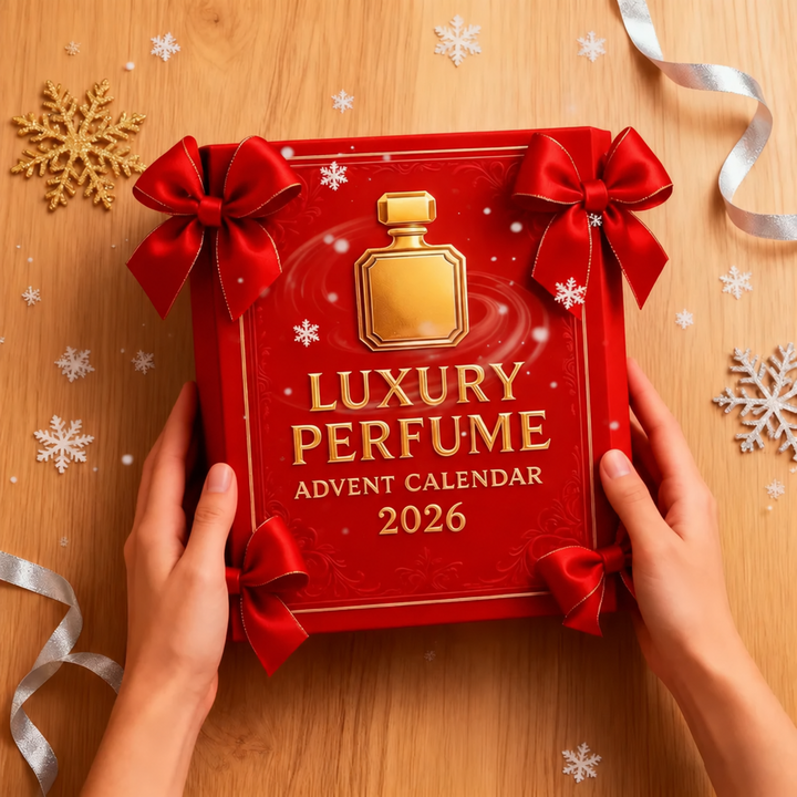 Two hands hold the red bow-trimmed box on a wooden surface scattered with snowflakes and silver ribbon. 3