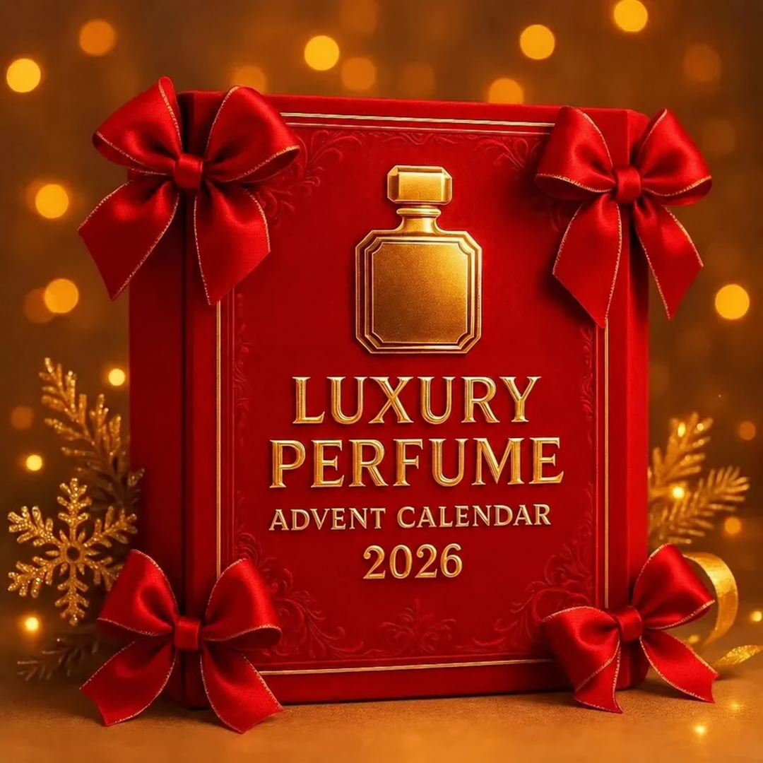 Red bow-trimmed box with gold bottle emblem against a warm golden background of glowing lights and gold snowflake decorations. 4
