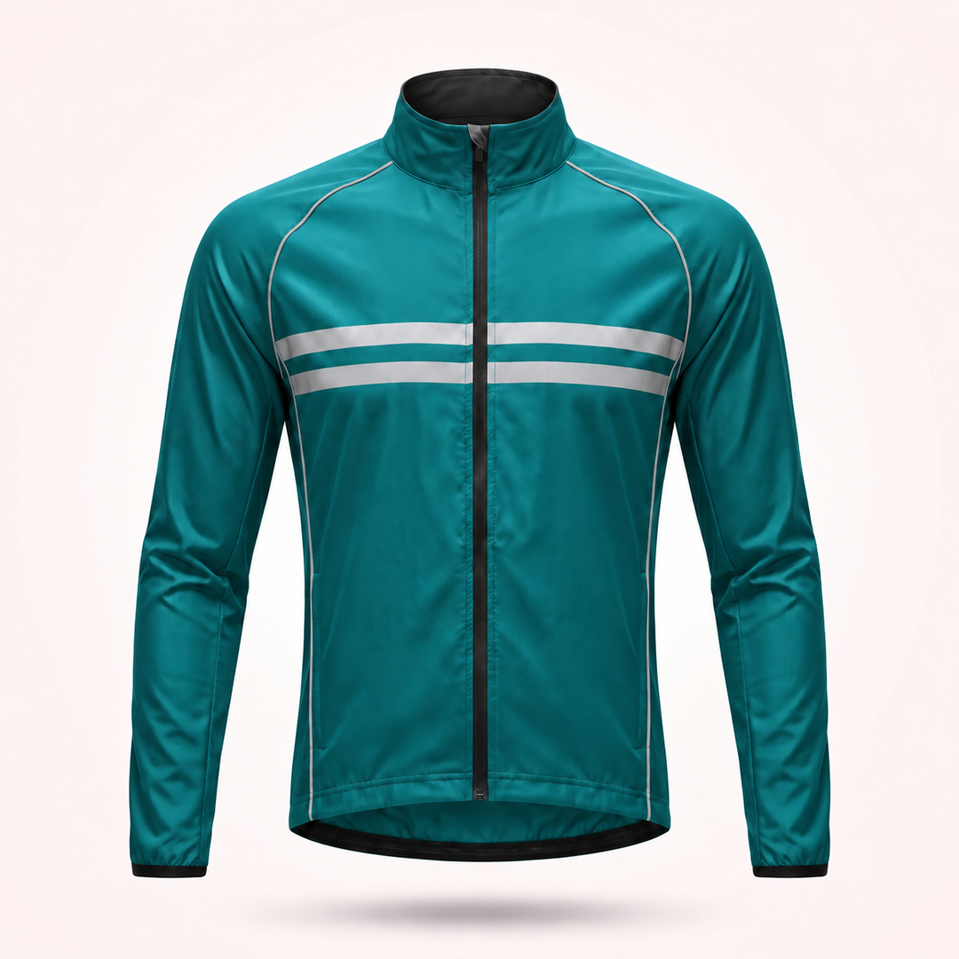 Front view of the teal jacket with stand-up collar, full zipper, reflective chest stripes and black elastic cuffs.