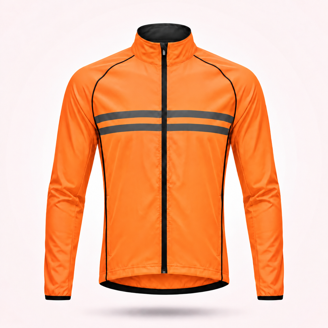 Front view of the bright orange jacket with black zipper, black piping and two gray reflective stripes across the chest.