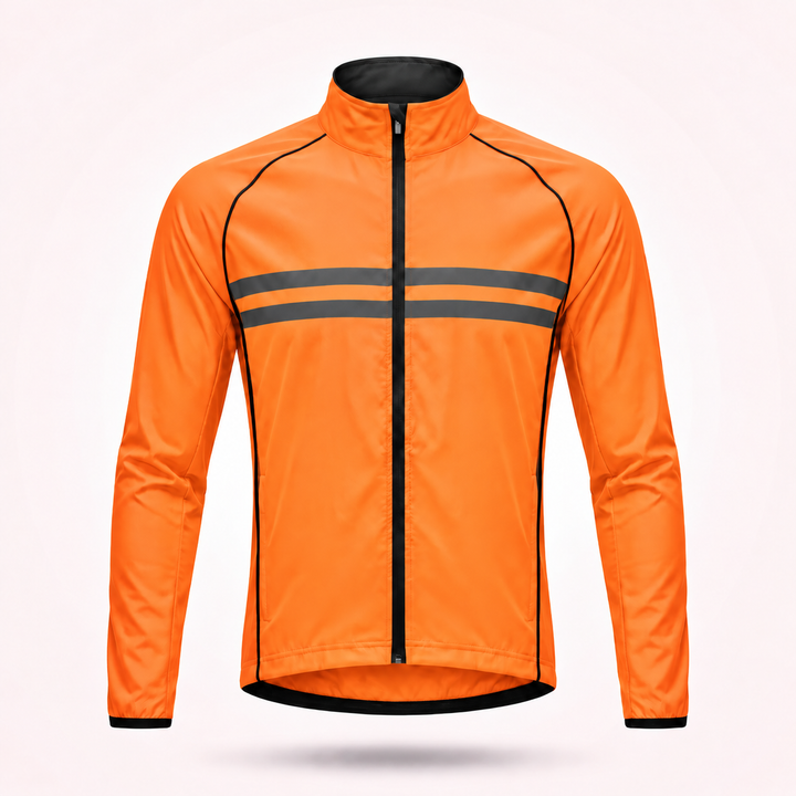 Front view of the bright orange jacket with black zipper, black piping and two gray reflective stripes across the chest.