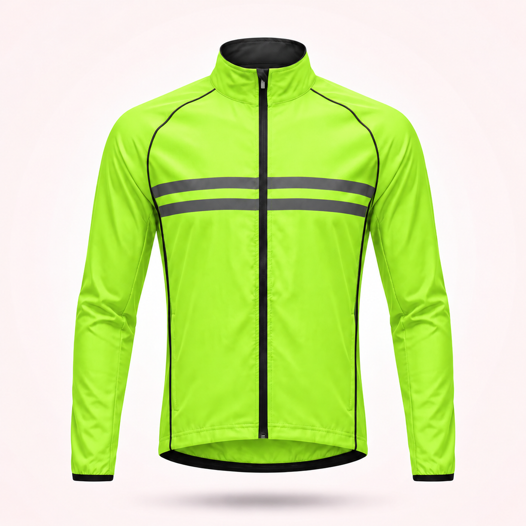 Front view of the neon yellow-green jacket with black zipper, black piping and two gray reflective stripes on the chest.