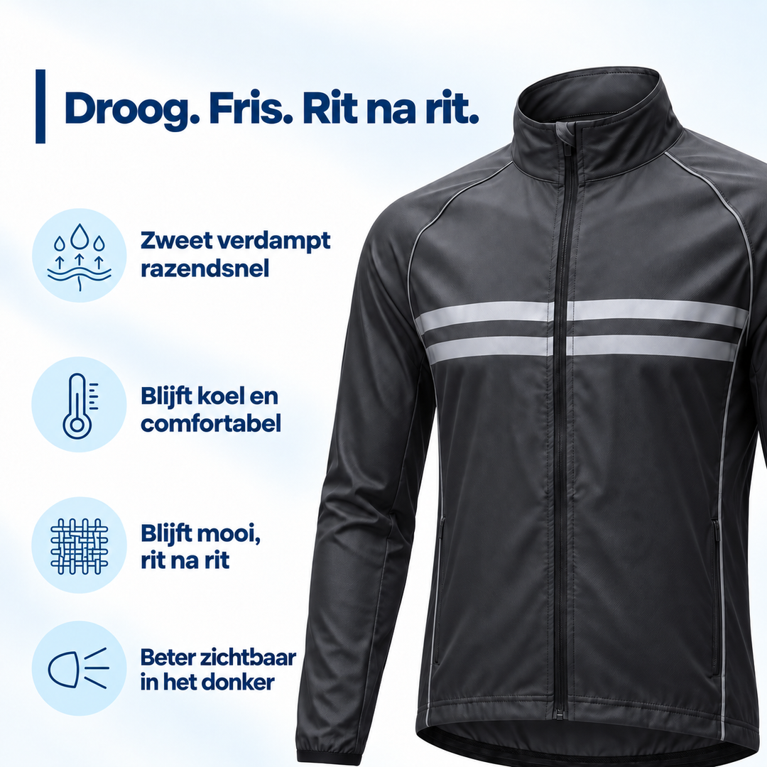Angled view of the dark jacket next to four icon callouts about sweat evaporation, cool comfort, durability and visibility.