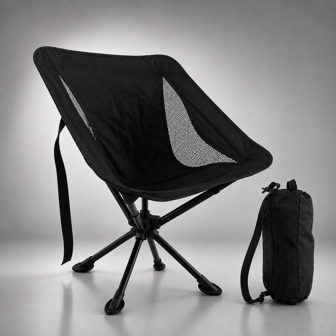 Black chair with mesh side panels and a back strap, standing beside its matching black carry bag. 8