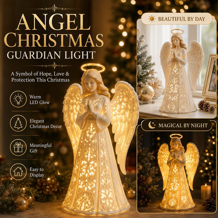 Gold angel figure with cutout gown and wings, shown by a window and glowing at night.