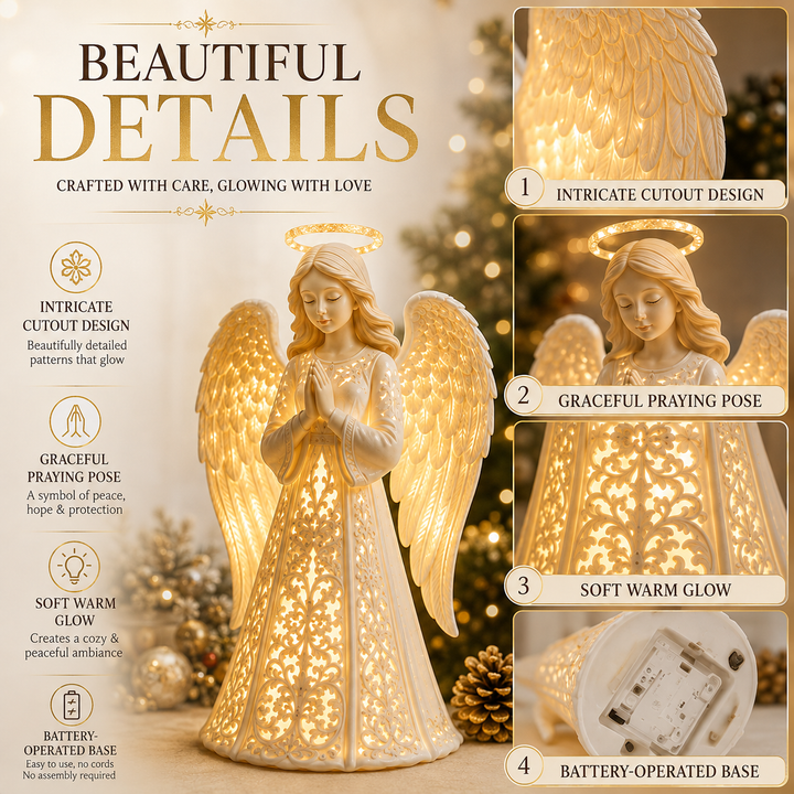 Detail of the gold glowing angel with wing cutouts, closed eyes, halo, patterned gown and base.