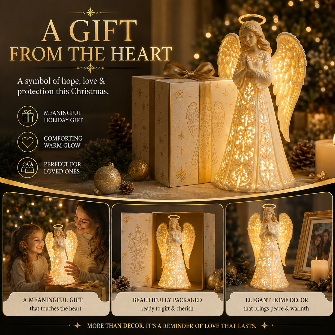 Gold lit angel figure with gift box and open packaging on a shelf.