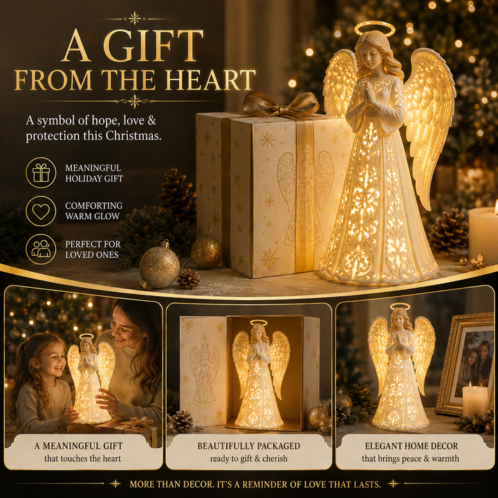 Gold lit angel figure with gift box and open packaging on a shelf.