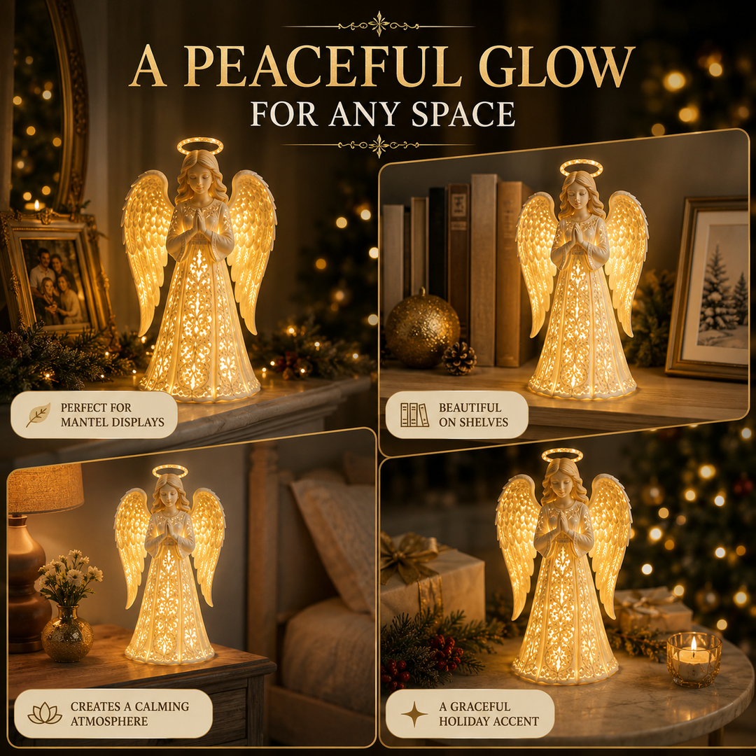 Gold angel lamp in four another view scenes on a mantel, bookshelf, bedside table and side table.