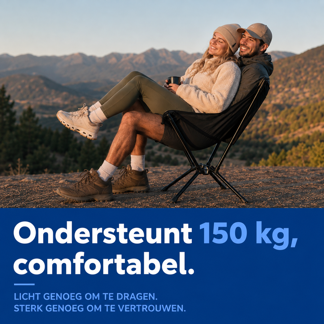 Couple sharing one black folding chair on a mountain overlook at sunset, relaxed and holding a mug. 2