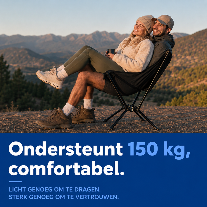 Couple sharing one black folding chair on a mountain overlook at sunset, relaxed and holding a mug. 2