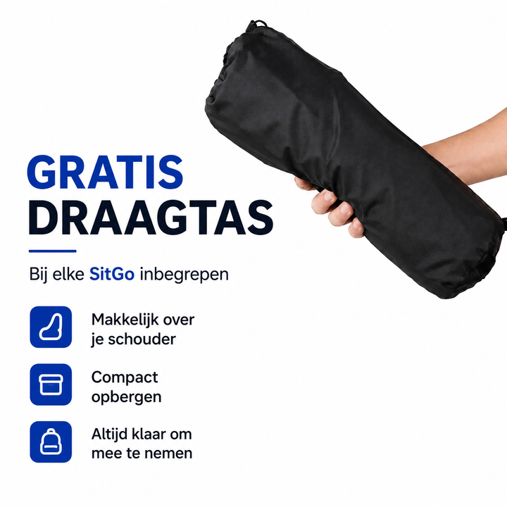 Hand holding the black drawstring carry bag, with the folded chair inside, against a white background. 7