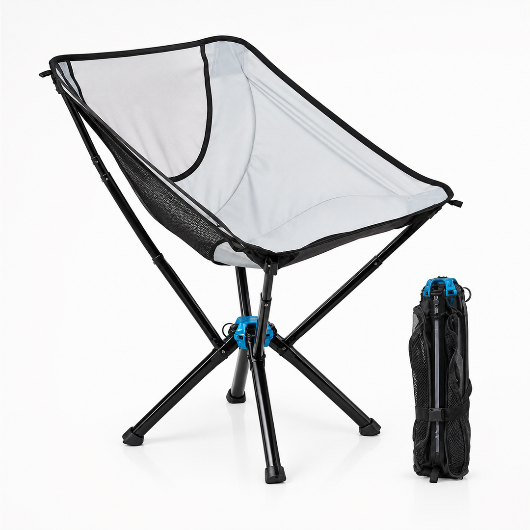 Light gray chair with black trim and a blue center hub, next to a folded black chair held with a strap. 12
