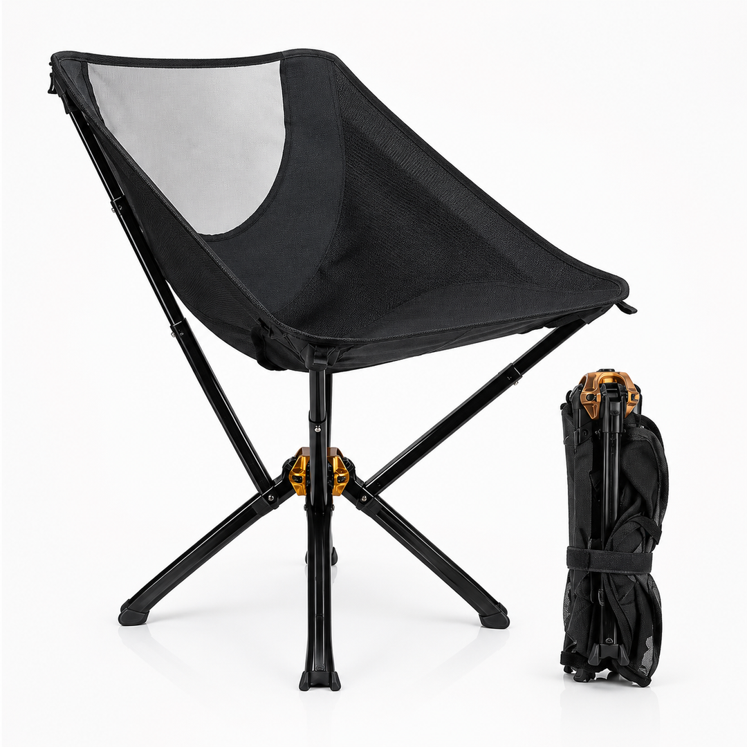 Rear view of the black chair with a mesh back panel and gold-colored hub, next to the folded chair. 11