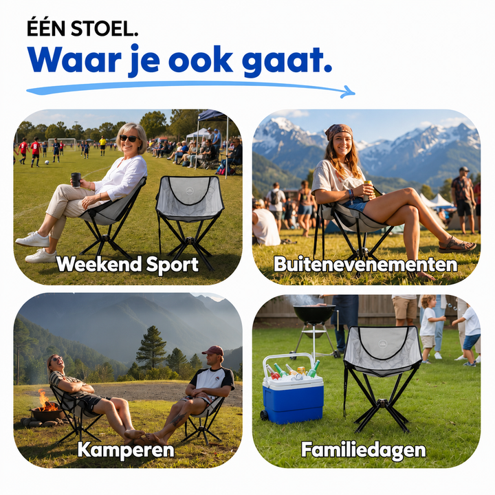 Four-panel collage of people using the chair at a soccer game, an outdoor event, a campfire and a backyard barbecue. 5