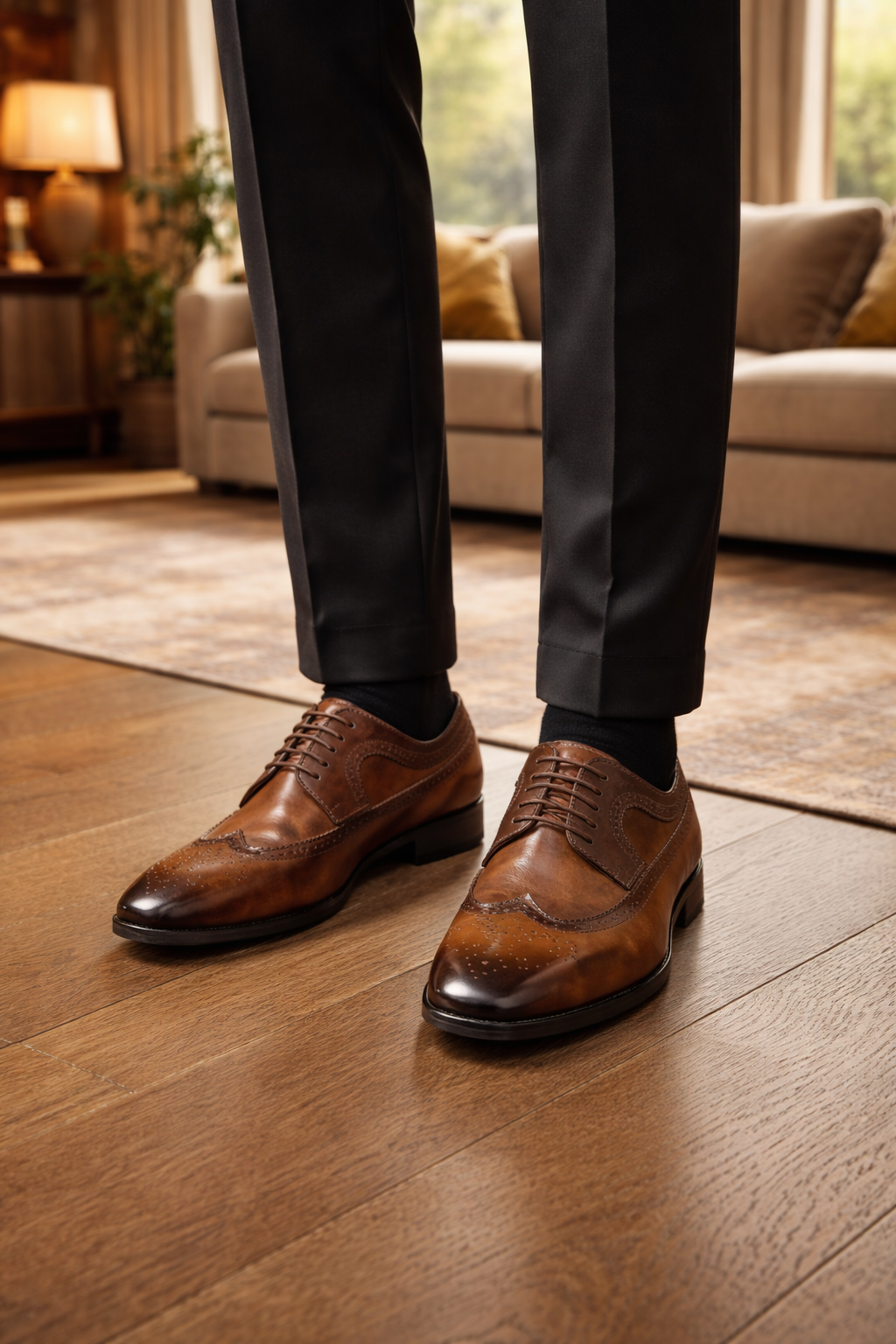 Men's brown leather brogue Oxford dress shoes on a hardwood floor with dark trousers and black socks.