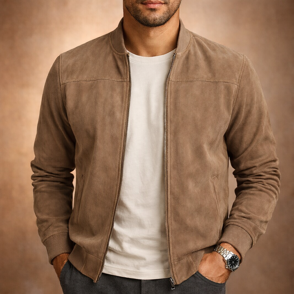 Men's suede-look bomber jacket in tan worn open over a white tee, front view with hands in pockets.