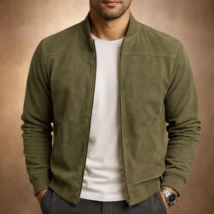 Men's suede-look bomber jacket in olive green, detail of the front view with ribbed cuffs and hem.