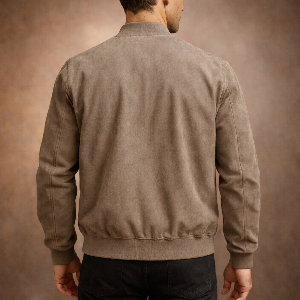 Men's suede-look bomber jacket in tan, back view with a smooth suede-look panel and ribbed hem and cuffs.
