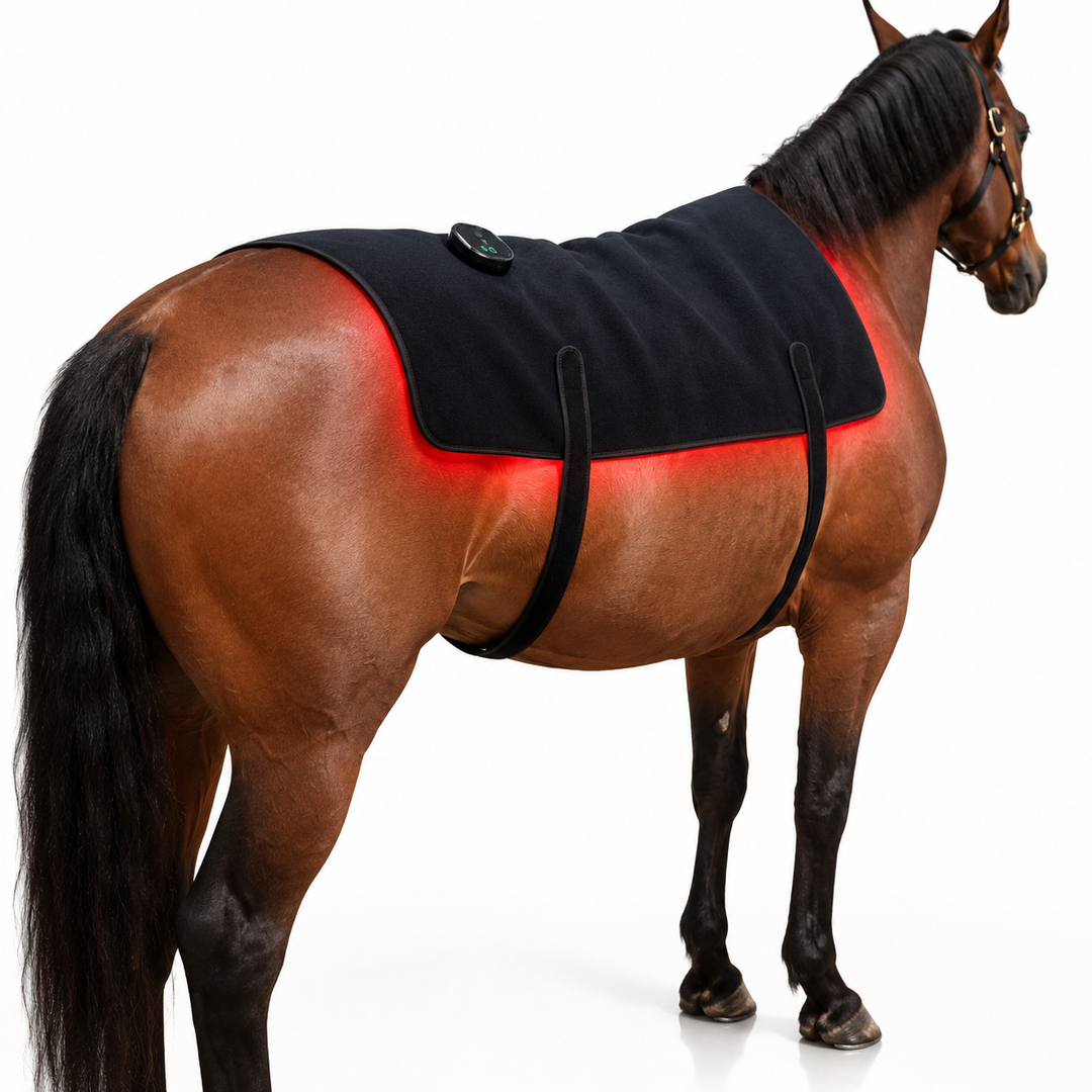 Black fleece LED red light therapy back wrap for horses with two girth straps and a small controller