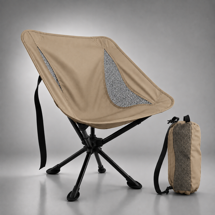 Tan chair with mesh side panels and black legs, standing beside its matching tan carry bag. 10