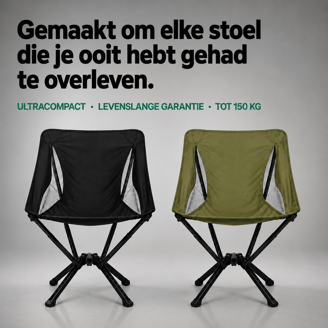 Black and olive green folding camp chairs side by side on a gray studio background, front view with mesh side panels. 1