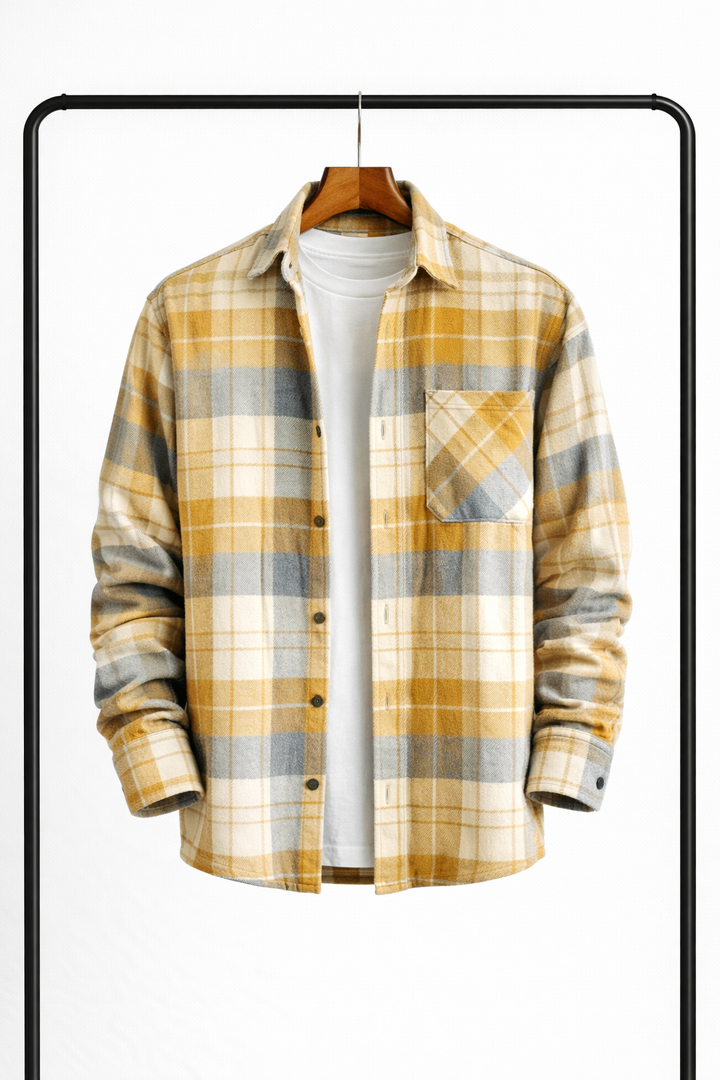 Yellow, gray and cream plaid overshirt hanging open over a white tee with a chest pocket.