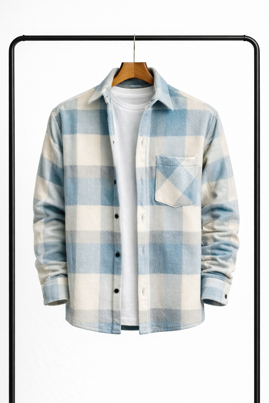 Light blue and cream plaid overshirt hanging open over a white tee with a chest pocket.