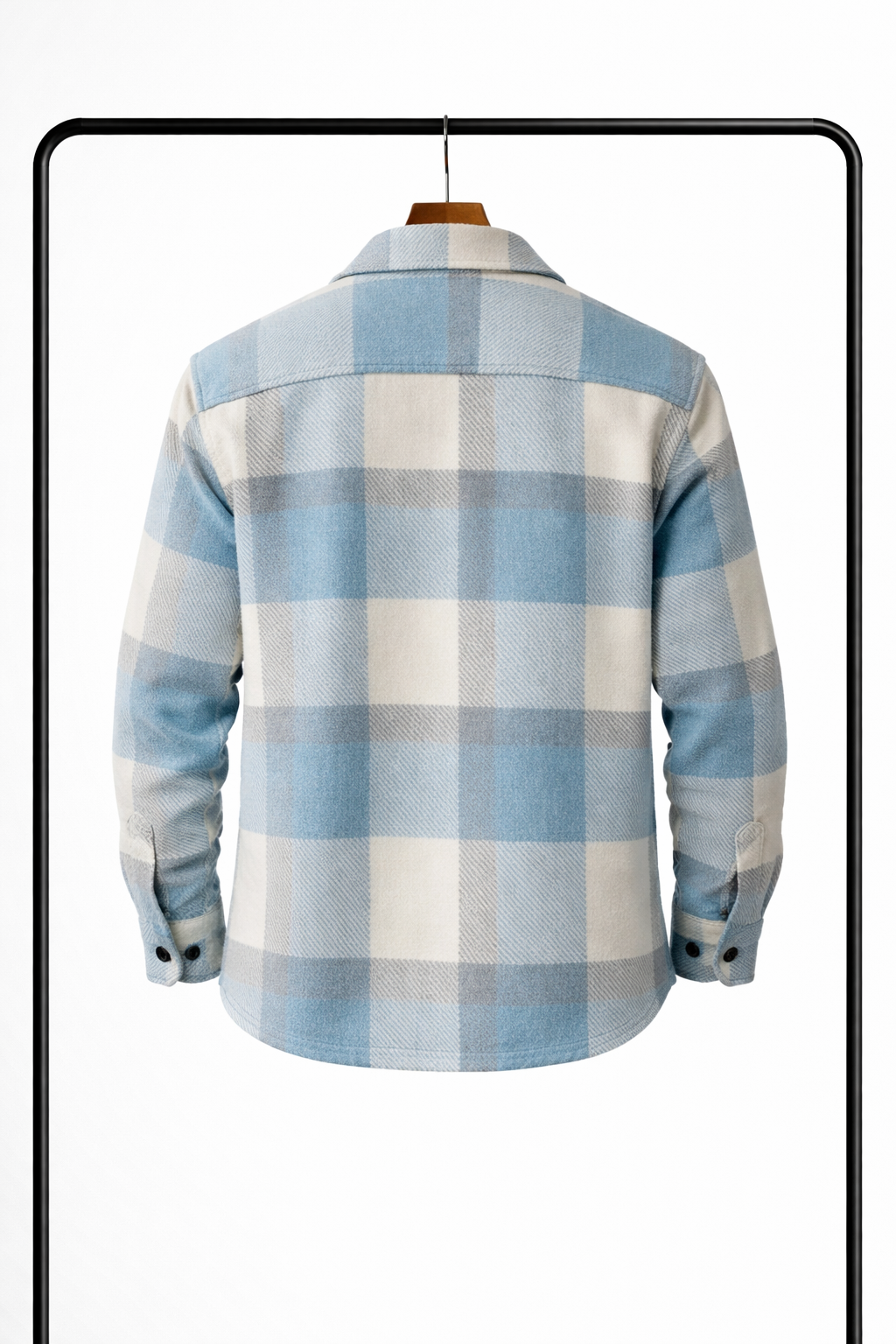 Back view of the light blue, cream and gray plaid overshirt on a hanger with buttoned cuffs.
