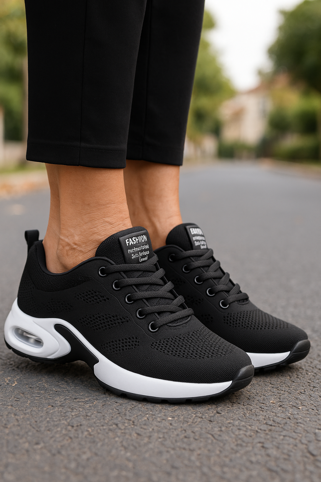 Black knit sneakers with white air-cushion soles.