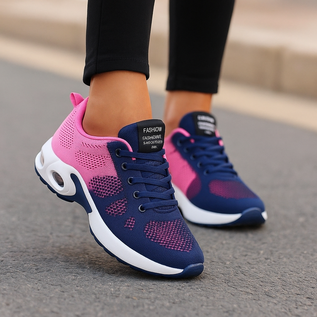 Navy and pink knit sneakers with white air-cushion soles.