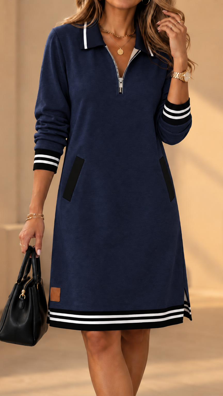 Navy blue long-sleeve zip-neck dress with black pocket trim and striped hem, worn by a model holding a black handbag.