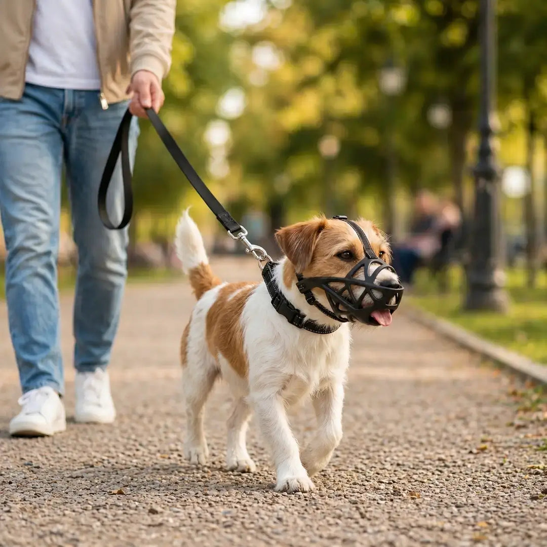 Small brown and white terrier trotting on a gravel park path on a black leash, wearing the black cage muzzle.