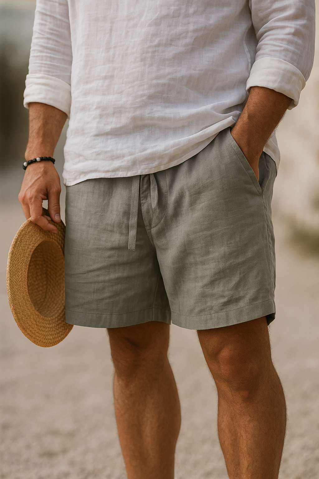 Lorenzo men's cotton-linen shorts in gray-green worn with a white shirt, another view.